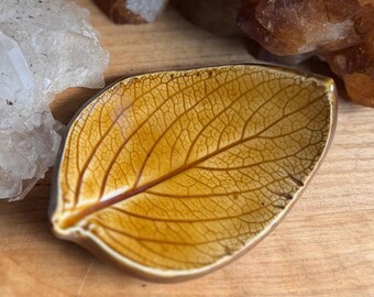 Handmade Leaf Trinket Dish, Amber Brown Ring Holder, Incense Burner