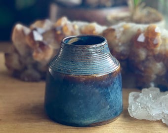 Blue Brown Colorful Bud Vase etc - hand made wheel thrown glazed pottery brass