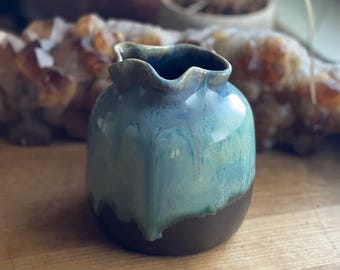Blue Purple Mint Green Colorful Drippy Abstract Bud Vase - hand made wheel thrown glazed pottery brass