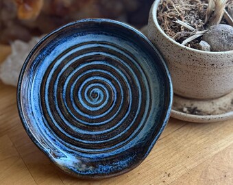 Deep Blues Ceramic Spoon Rest - handmade wheel thrown rustic pottery spots