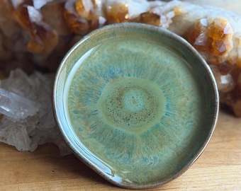 Green Ceramic Spoon Rest - handmade wheel thrown rustic pottery spots