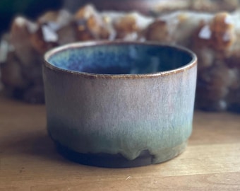 Small Light Blue Green Pink Pearl Drippy Glaze Ceramic Clay Bowl - rustic pottery handmade wheel thrown carved stars