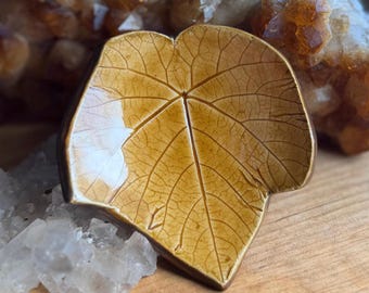 Grape Leaf Amber Brown Trinket Dish, Rustic Wheel Thrown Pottery Ring Holder