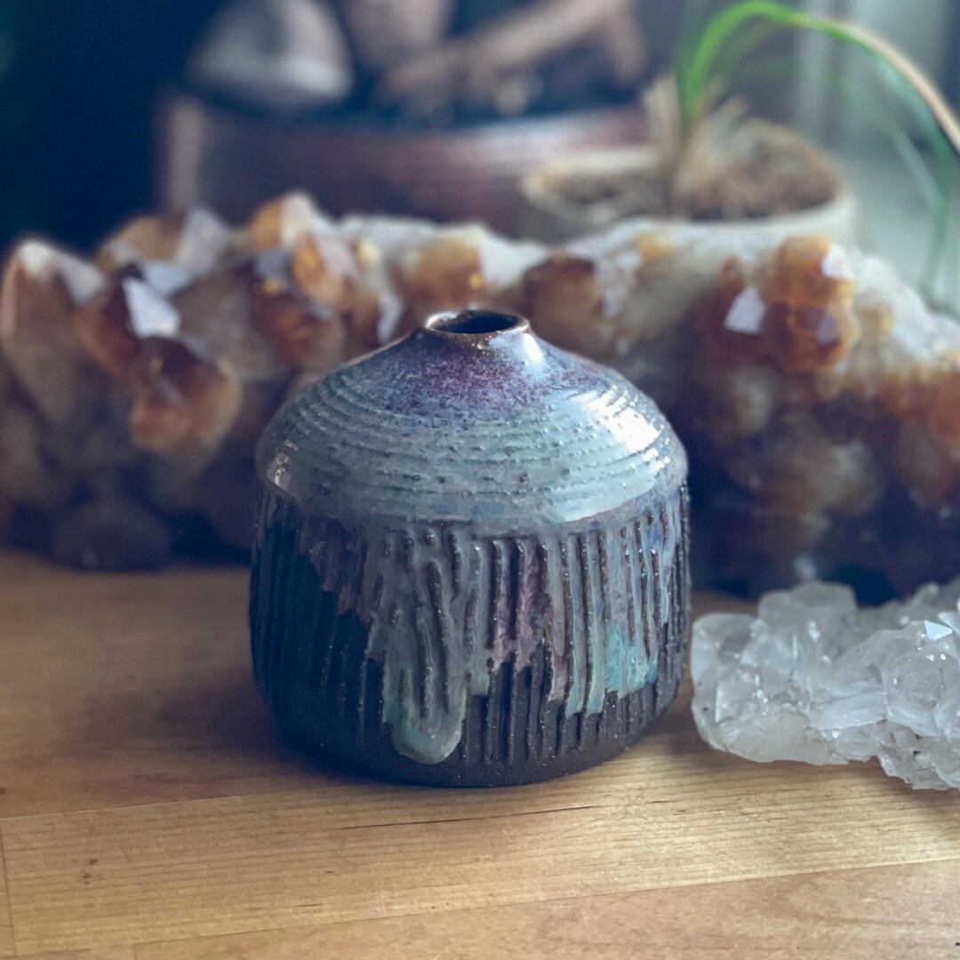 Textured Bud Vase Blue Glaze on Dark Clay Drippy- Hand Made Wheel ...