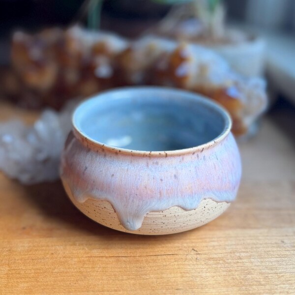 Hand-Thrown Ceramic Cauldron Incense Burner – Drippy Glaze Sage Smudge Bowl
