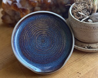 Purple and Blue Ceramic Spoon Rest - handmade wheel thrown rustic pottery