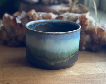 Small Light Blue Green Purple Pearl Drippy Glaze Ceramic Clay Bowl - rustic pottery handmade wheel thrown carved stars