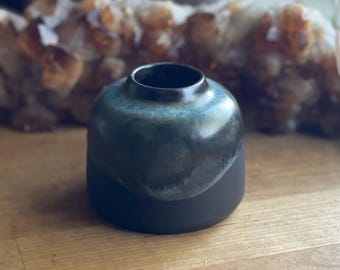Blue Brown Earthy Muted Tones Bud Vase etc - hand made wheel thrown glazed pottery brass