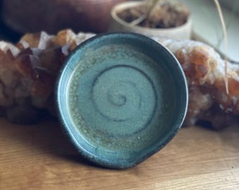 Aqua Blue Teal Rainbow Turquoise Ceramic Spoon Rest - handmade wheel thrown rustic pottery spots