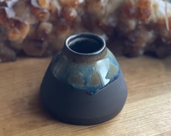 Blue Brown Earthy Muted Tones Bud Vase etc - hand made wheel thrown glazed pottery brass