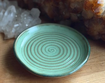 Green Ceramic Spoon Rest - handmade wheel thrown rustic pottery spots