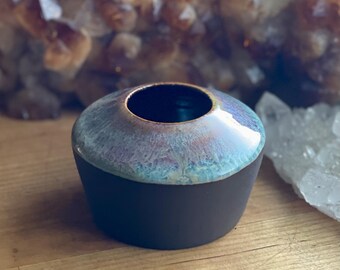 Blue Purple Brown Subtle and Colorful Bud Vase or pencil holder etc - hand made wheel thrown glazed pottery brass