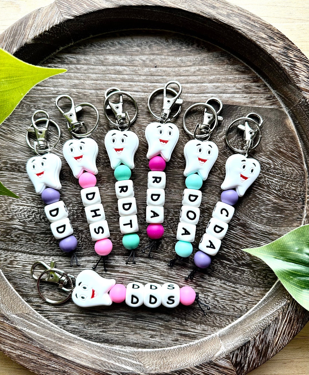 Custom Dental Keychains With Tooth, Dentistry Designations, Silicone Beads, RDA, Hygienist