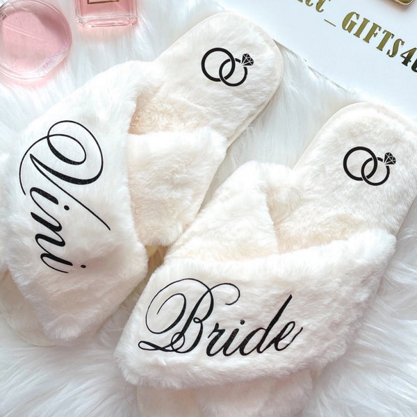 Personalized Bridal Slipper - Customizable Fluffy Slide On Shoe for Bridesmaids and Brides - Luxury Bride Gift Idea UK