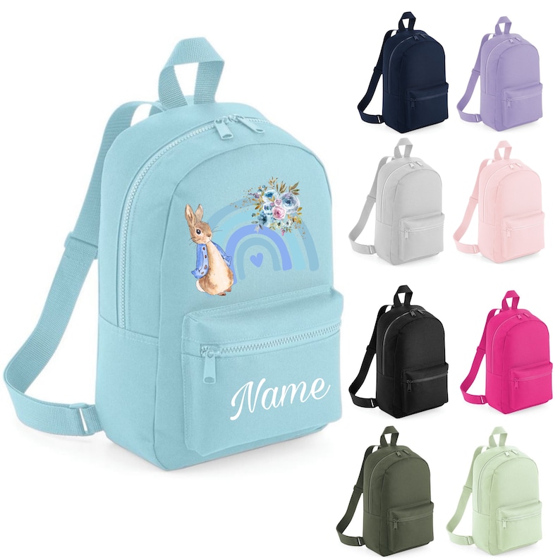 Personalised Pink Rainbow Rabbit Backpack ANY NAME Back To School Bag Backpack Kids Nursery Toddler Rucksack best seller image 2