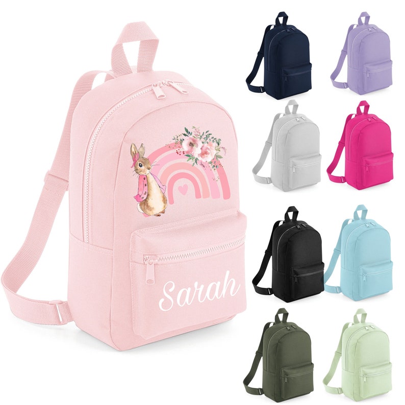 Personalised Pink Rainbow Rabbit Backpack ANY NAME Back To School Bag Backpack Kids Nursery Toddler Rucksack best seller image 4