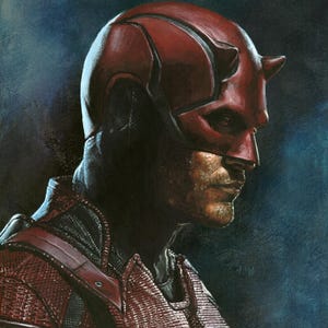 May include: A portrait of a superhero in a red mask with horns, a black cowl, and a red textured suit. The artwork is set against a dark blue background. The dimensions of the artwork are 16x20 inches.