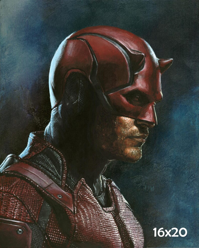 May include: A portrait of a superhero in a red mask with horns, a black cowl, and a red textured suit. The artwork is set against a dark blue background. The dimensions of the artwork are 16x20 inches.