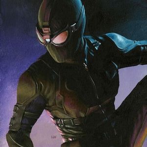 May include: A black and green superhero costume with a black mask and goggles. The costume has a textured, layered design against a dark purple background.