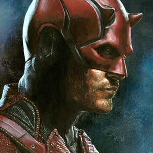 May include: A portrait of a superhero in a red helmet with small horns, a red and black suit, and a stern expression. The artwork is set against a dark blue background, with the dimensions of the artwork being 28 x 43 cm.
