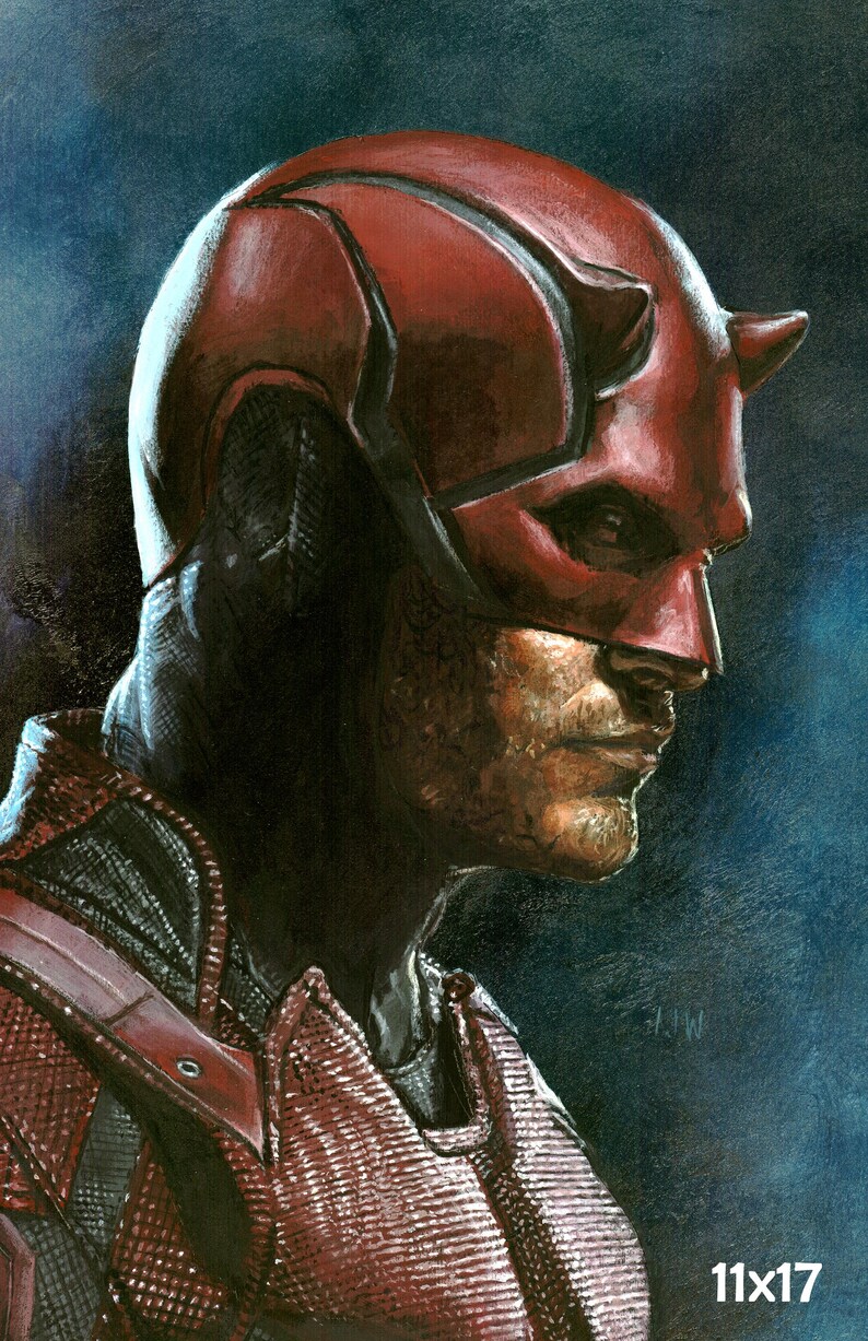 May include: A portrait of a superhero in a red helmet with small horns, a red and black suit, and a stern expression. The artwork is set against a dark blue background, with the dimensions of the artwork being 28 x 43 cm.