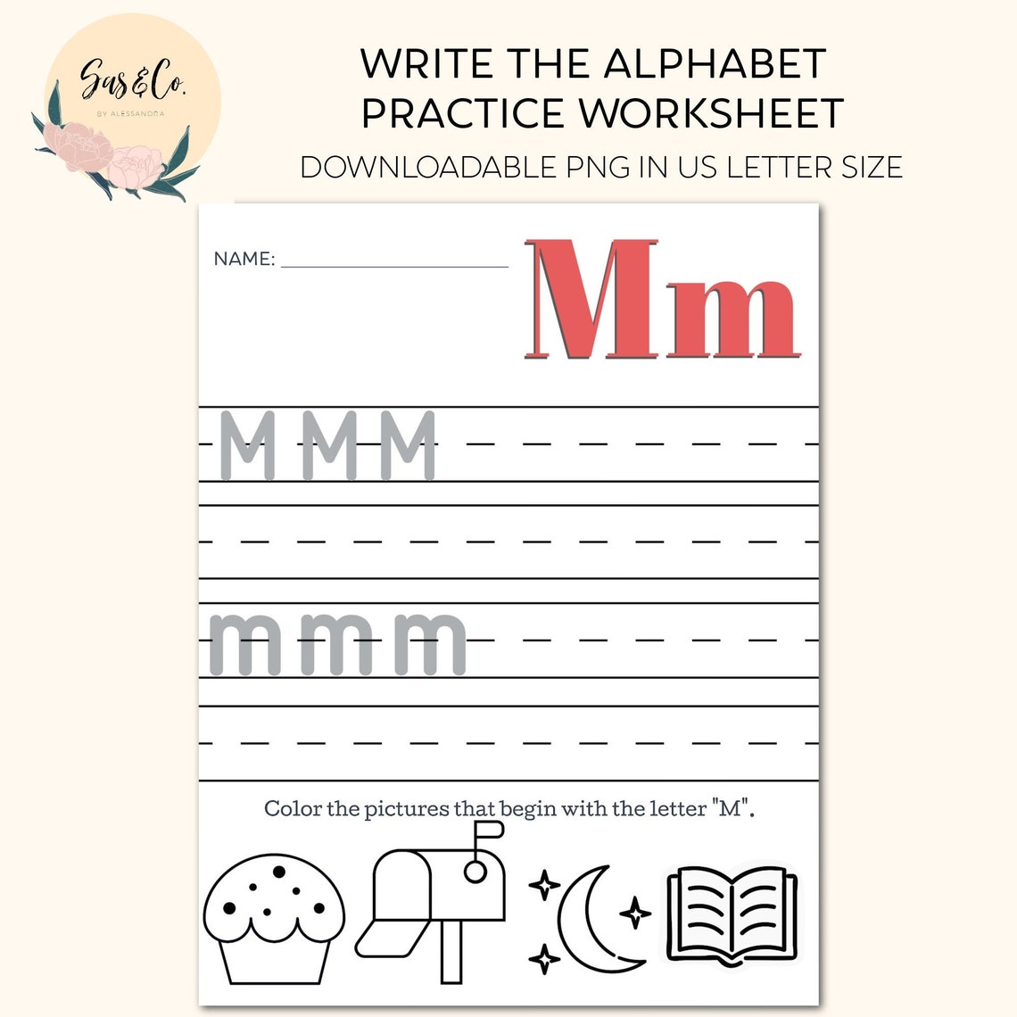 Printable letter m practice worksheet etsy