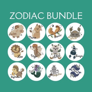 Pakiet haftu horoskopu zodiaku, pakiet plików do haftu, znak zodiaku urodzinowego, słodkie małe zwierzęta zodiaku, ręcznie zdigitalizowane, natychmiastowe pobranie
