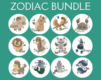 Zodiac Horoscope Embroidery Bundle, Embroidery File Bundle, Birthday Star Sign, Cute Baby Zodiac Animals, Hand Digitized, Instant Download