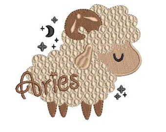 Bordado del Zodíaco de Aries, lindo archivo de bordado de bebé, carnero de oveja Aries, bebé soñoliento, bordado digitalizado a mano, descarga instantánea, horóscopo