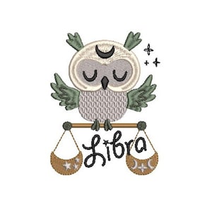 May include: An illustration of an owl with green wings perched on a scale with the word "Libra" written below. The owl has a crescent moon on its head and the scales have stars and moons on them.