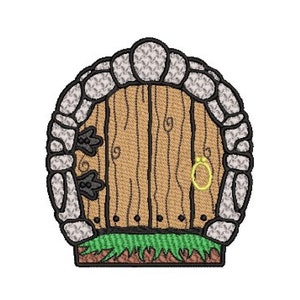 May include: A brown wooden door with a stone archway and a gold ring door knocker. The door is set into a stone wall with green grass in front of it.
