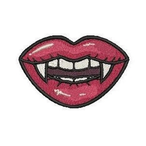 May include: Red lips with sharp, white fangs, a classic vampire illustration.