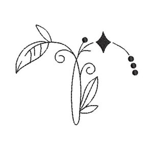 May include: A black and white line drawing of a stylized floral design with a diamond shape and three circles.