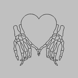 May include: Two skeletal hands holding a heart shape, a black and white illustration.