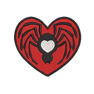 May include: Embroidered patch featuring a red heart with a black spider design. The spider has eight legs and a white heart in the center. The patch is likely for clothing or accessories.
