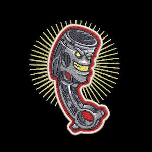 May include: A red, white, and yellow embroidered patch of a cartoon piston with a smiling face. The piston is in a halo of yellow rays.