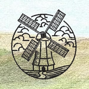 Windmill Line Art Embroidery File, Holland Windmill, Dutch Embroidery, Redwork Stitching File, Simple Embroidery, Instant Download PES File