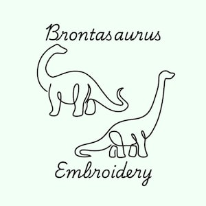 May include: Line art illustration of two dinosaurs, with the text "Brontosaurus Embroidery" below.