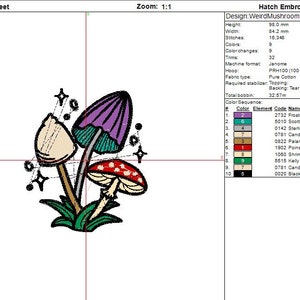 Magical mushroom cluster embroidery file in a fantasy fairy garden. Cute mushrooms from a magical garden. Full embroider file information sheet with colours and trims.