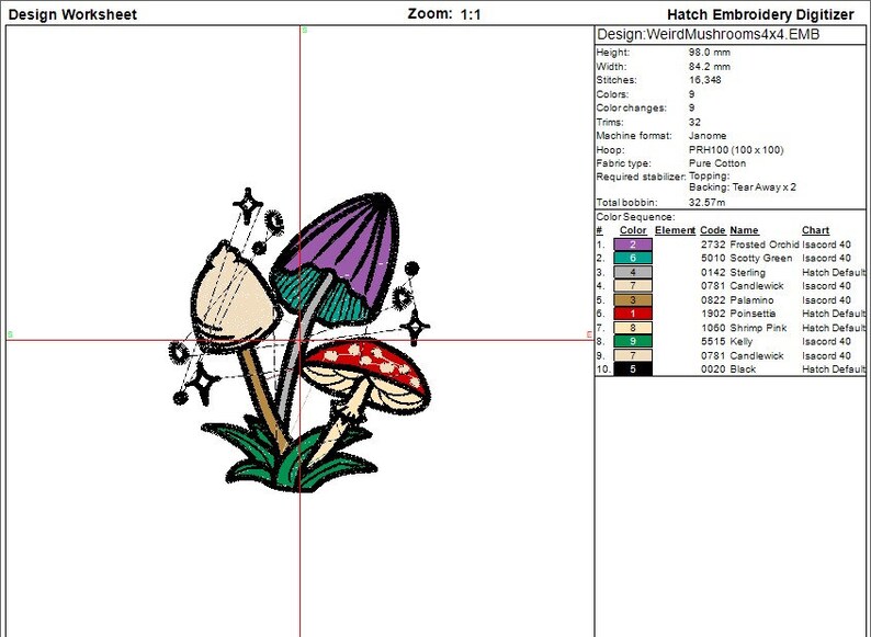 Magical mushroom cluster embroidery file in a fantasy fairy garden. Cute mushrooms from a magical garden. Full embroider file information sheet with colours and trims.