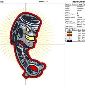 Piston engine part embroidery file. Cool mechanic design. Embroidery information worksheet showing colours and details.