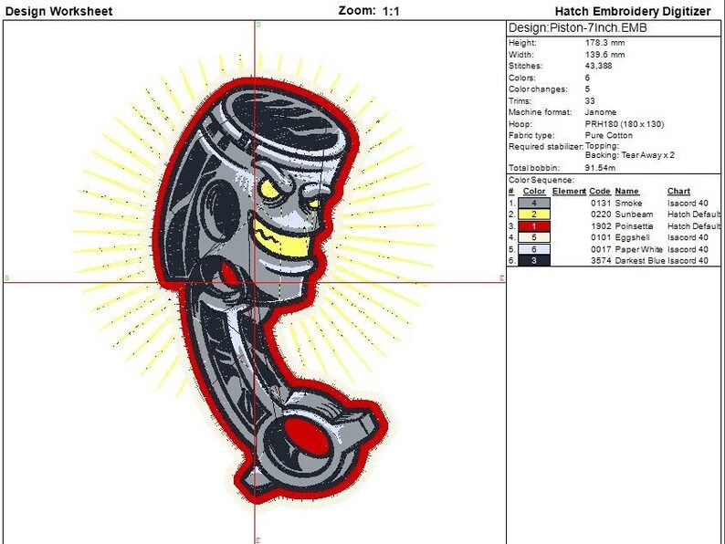 Piston engine part embroidery file. Cool mechanic design. Embroidery information worksheet showing colours and details.