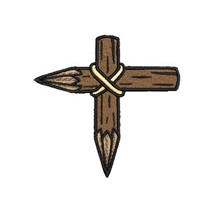 May include: A wooden cross with a brown and tan colour scheme. The cross is tied together with a tan rope.