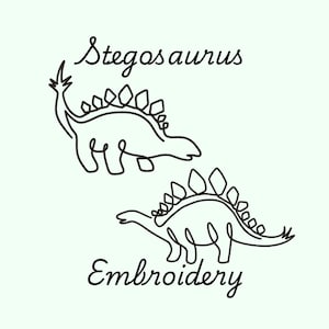 May include: Line art embroidery design featuring two Stegosaurus dinosaurs. The text "Stegosaurus" and "Embroidery" is included in the design.