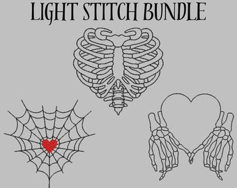 Light Stitch Bundle, Redwork Embroidery, Ribcage Skeleton, Spooky Embroidery, Gothic Heart Embroidery File, Quick Embroidery Design