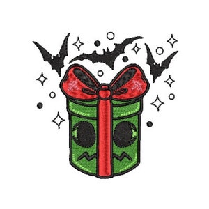 May include: A green gift box with a red bow and a spooky face. Bats and stars surround the box.