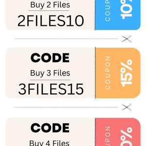 May include: Three coupons with different discount percentages and codes. The top coupon is blue and says "COUPON 10%". The middle coupon is orange and says "COUPON 15%". The bottom coupon is pink and says "COUPON 20%". Each coupon has a code for a discount on a purchase of 2, 3, or 4 files. The codes are "2FILES10", "3FILES15", and "4FILES20".