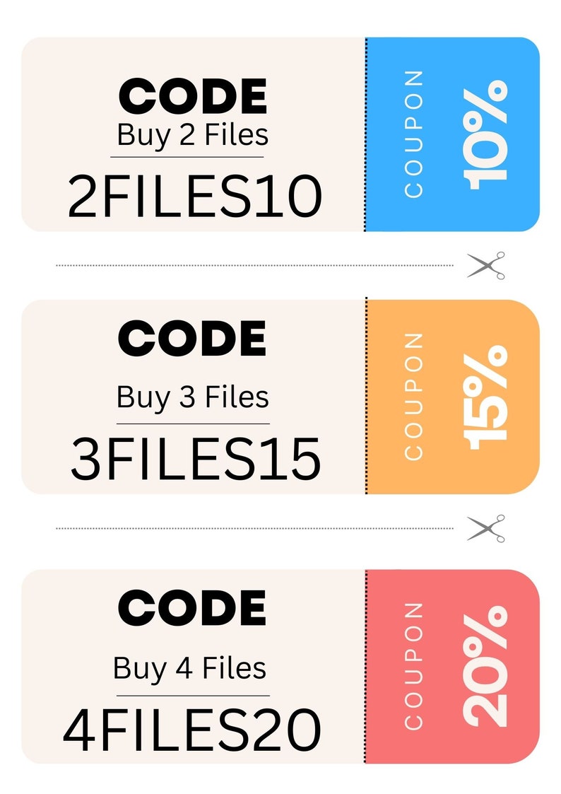 May include: Three coupons with different discount percentages and codes. The top coupon is blue and says "COUPON 10%". The middle coupon is orange and says "COUPON 15%". The bottom coupon is pink and says "COUPON 20%". Each coupon has a code for a discount on a purchase of 2, 3, or 4 files. The codes are "2FILES10", "3FILES15", and "4FILES20".