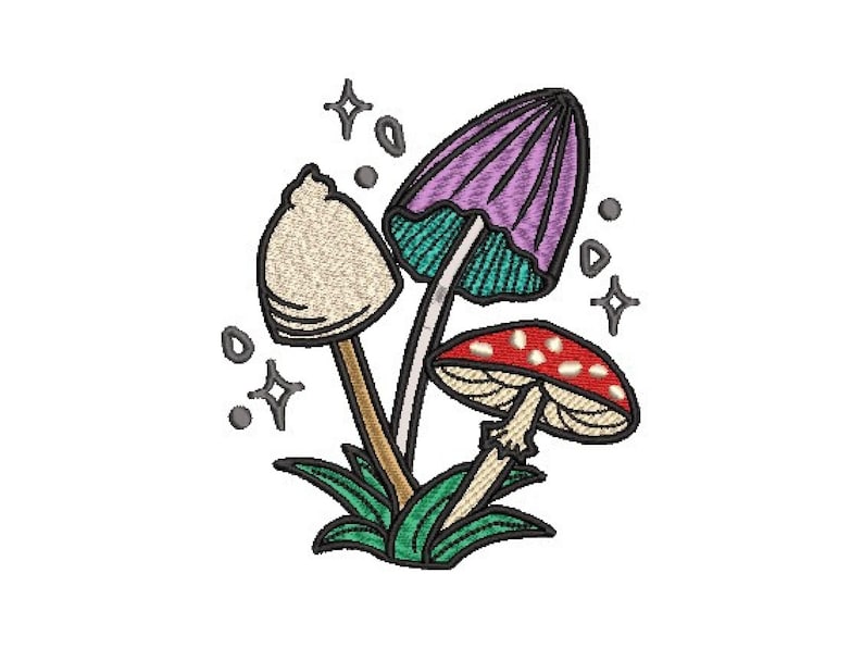 A cluster of fantasy mushrooms. Toadstool magic mushroom embroidery file.