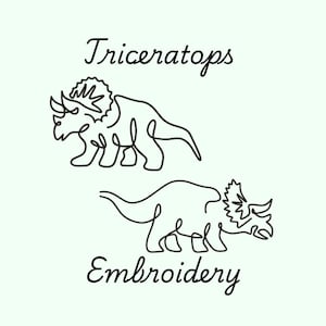 May include: Line art illustration of two Triceratops dinosaurs. The text "Triceratops Embroidery" is below the dinosaurs.